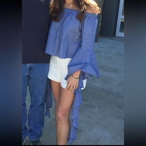 Off Shoulder Blue Long Ruffle Sleeve Top